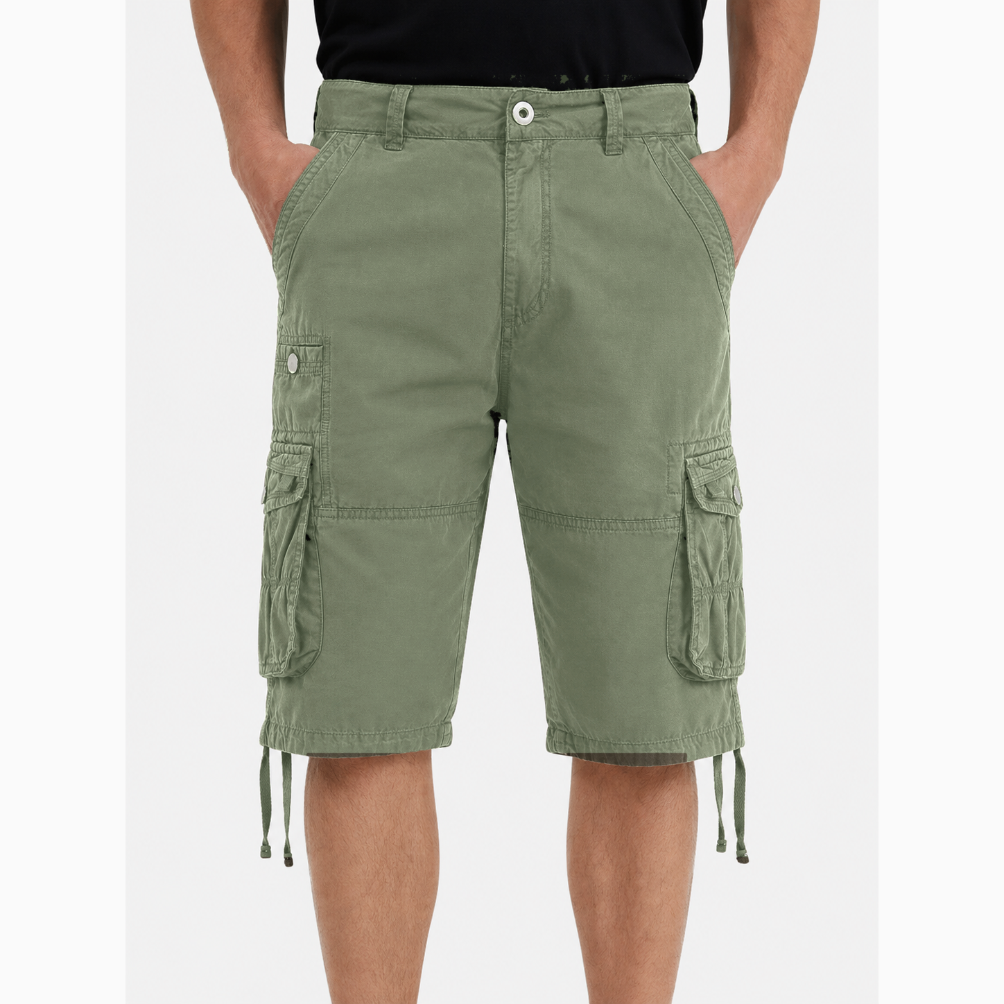 Men's multi-pocket cargo shorts, knee-length, casual summer hiking shorts.