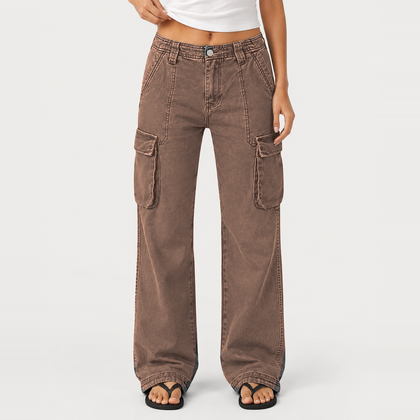 Women's Wide-Leg Straight-Cut Cargo Pants – Mid-Rise, High-Stretch, Multi-Pocket – Full-Length Cargo Pants