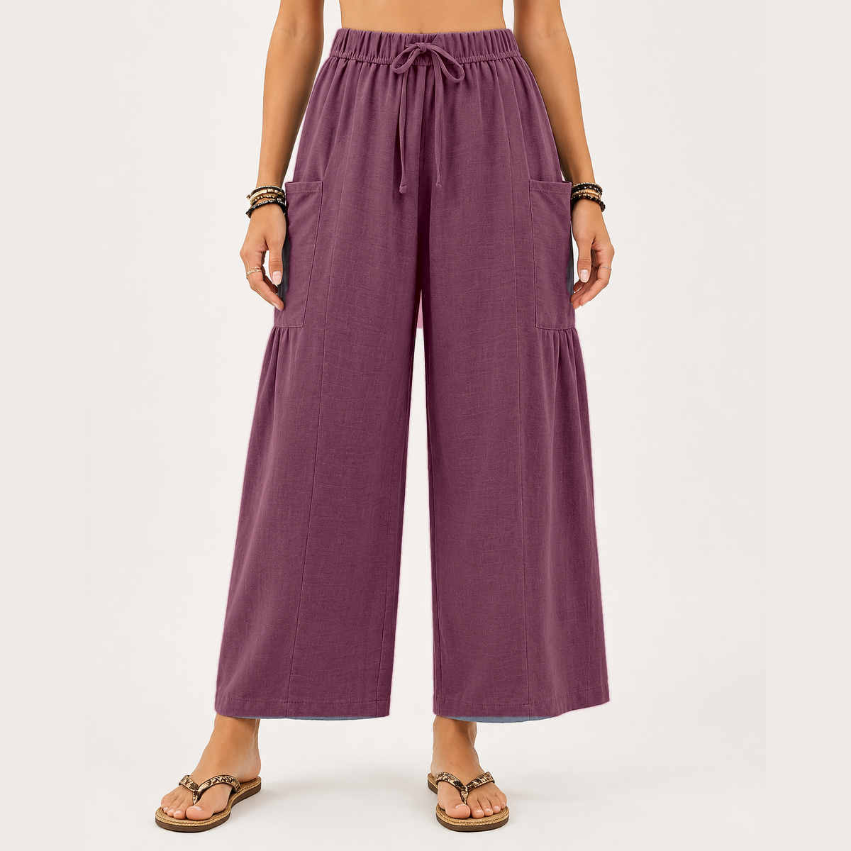 Women's wide-leg shorts featuring a drawstring design and pockets.