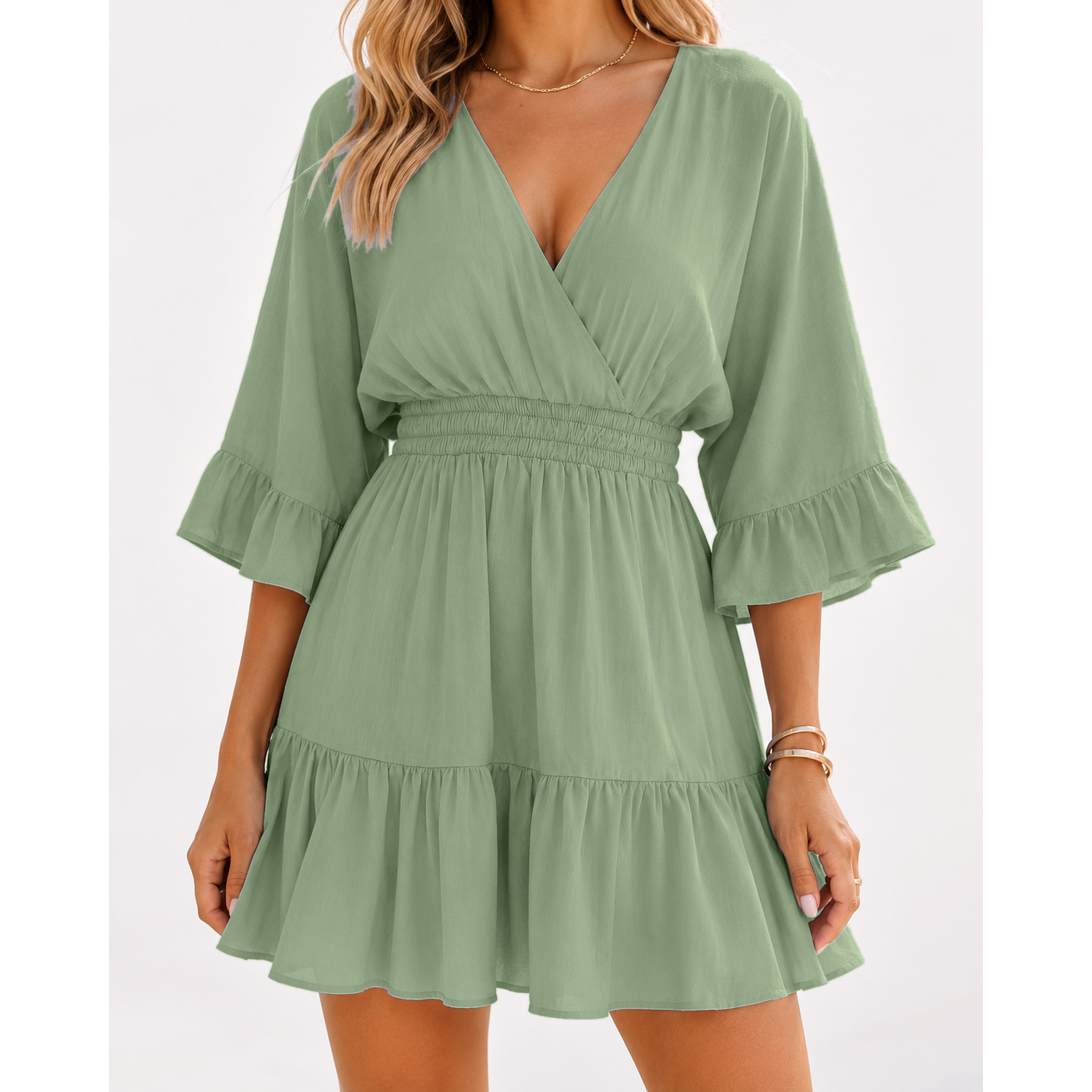 Women's Casual V-Neck Summer Loose High-Waisted Ruffled Pleated Cute Short Dress