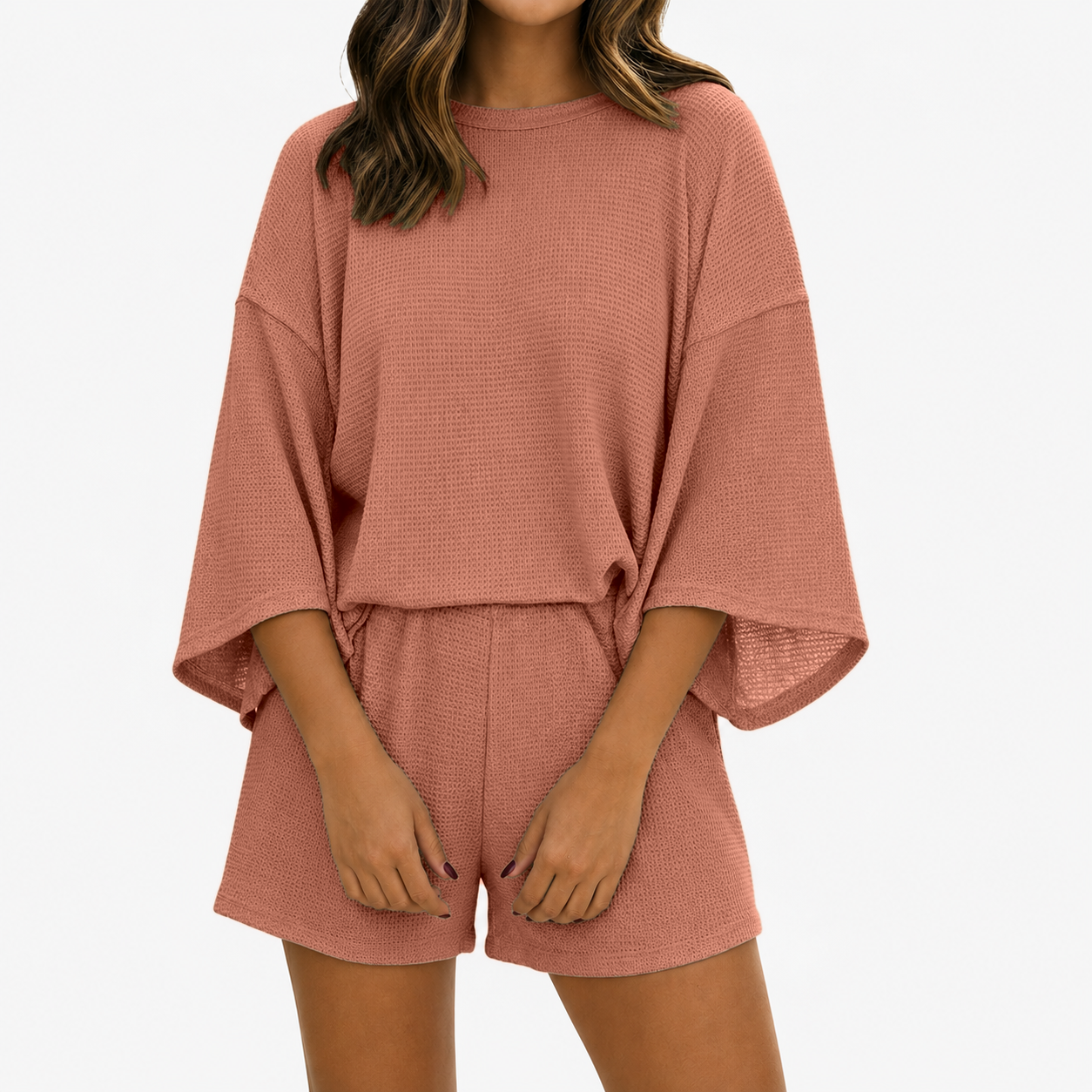 Women's two-piece shorts set with three-quarter sleeve T-shirt