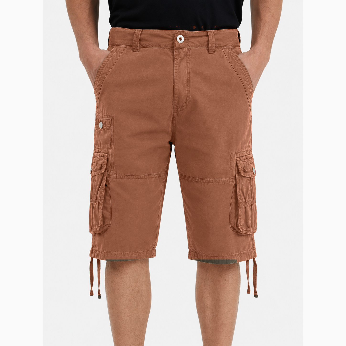 Men's multi-pocket cargo shorts, knee-length, casual summer hiking shorts.
