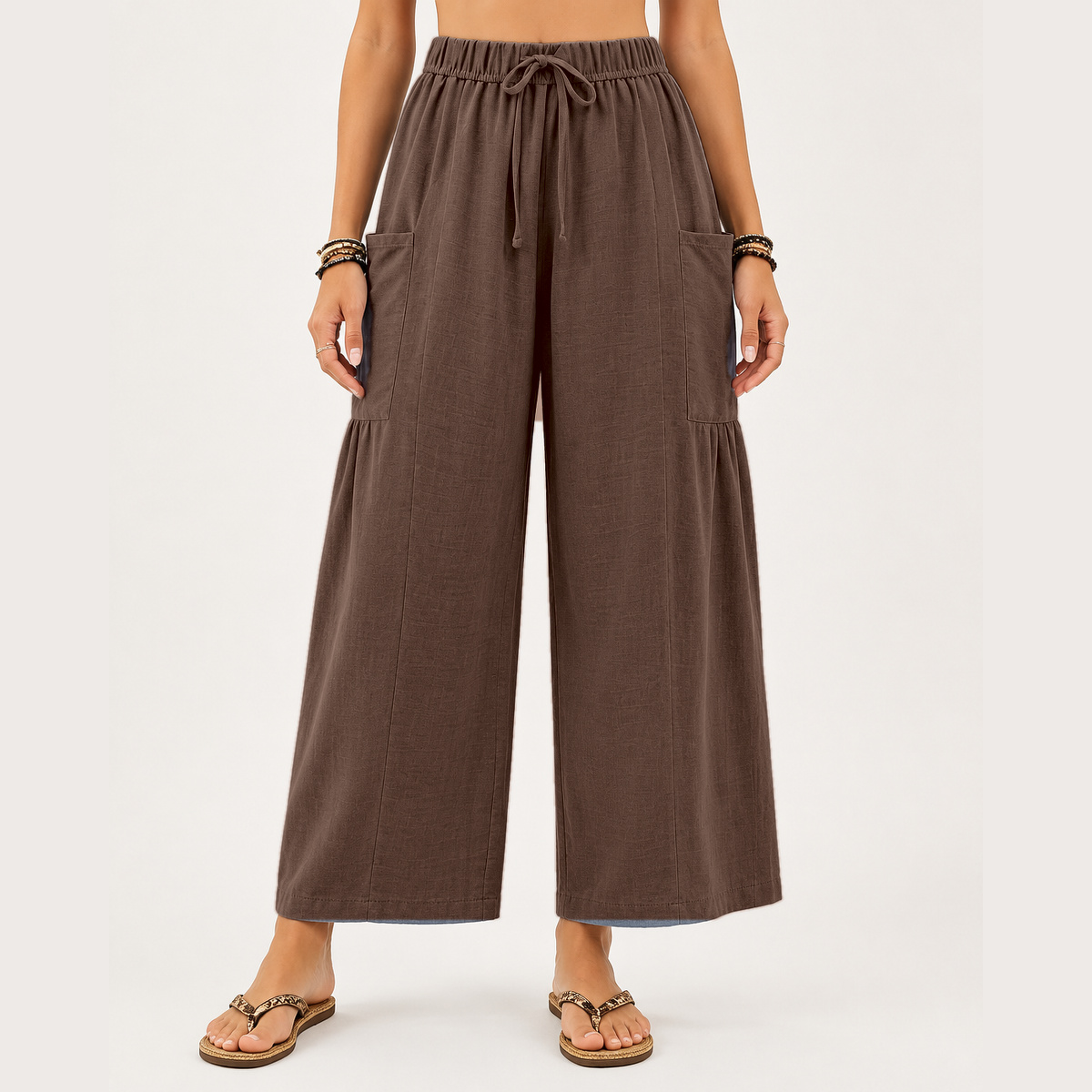 Women's wide-leg shorts featuring a drawstring design and pockets.