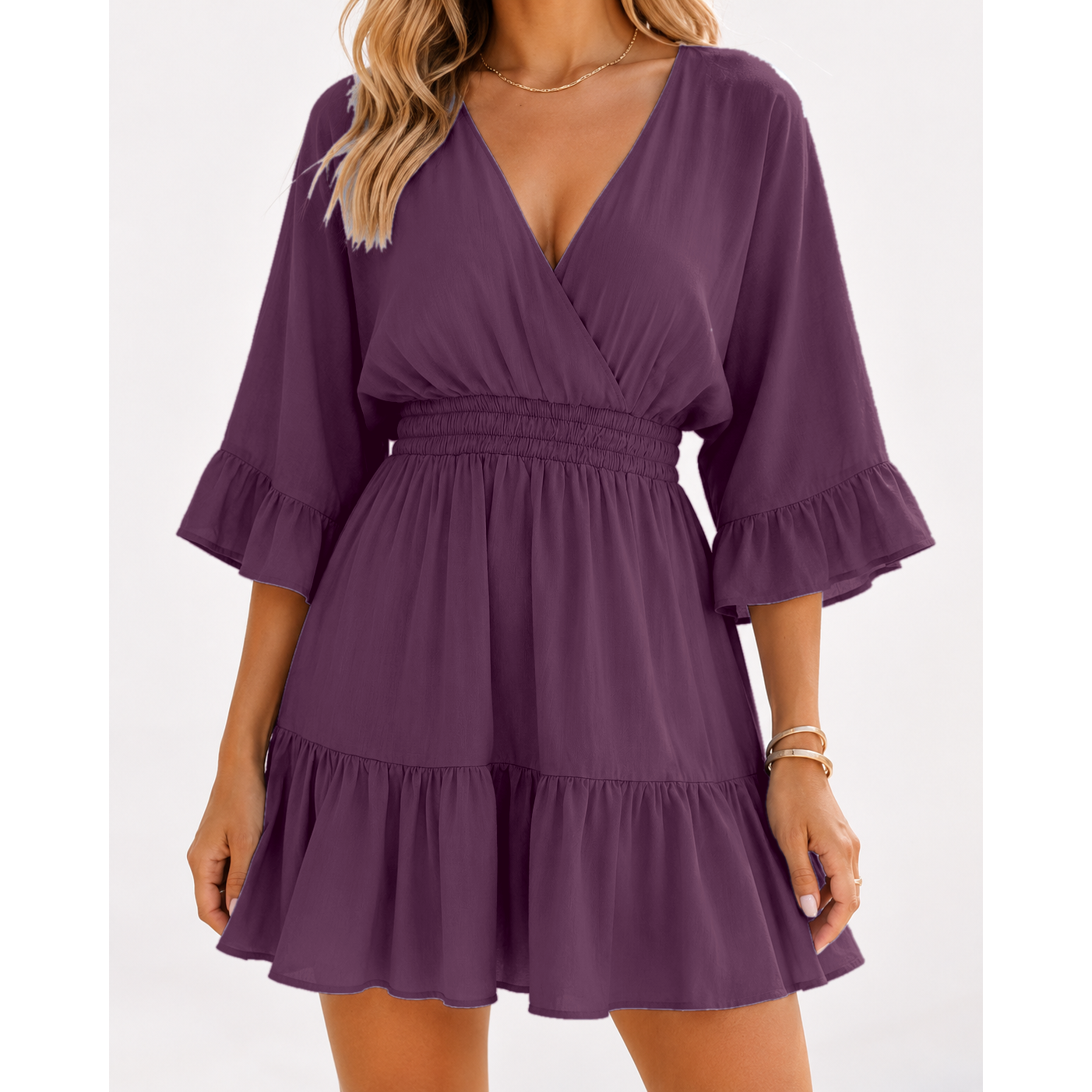 Women's Casual V-Neck Summer Loose High-Waisted Ruffled Pleated Cute Short Dress