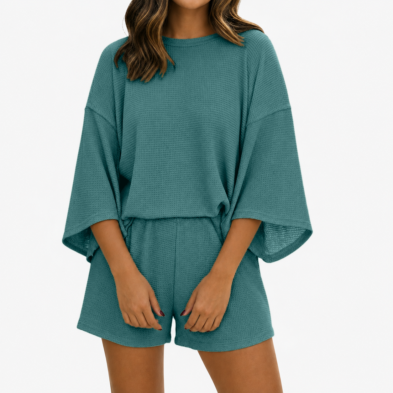 Women's two-piece shorts set with three-quarter sleeve T-shirt