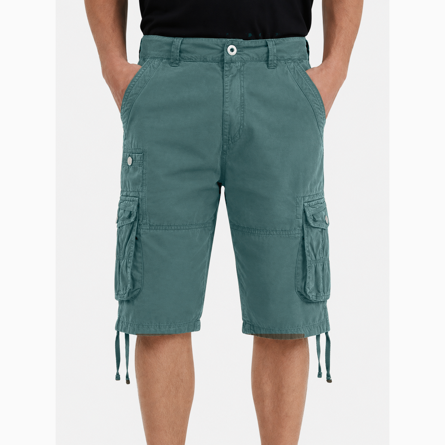 Men's multi-pocket cargo shorts, knee-length, casual summer hiking shorts.
