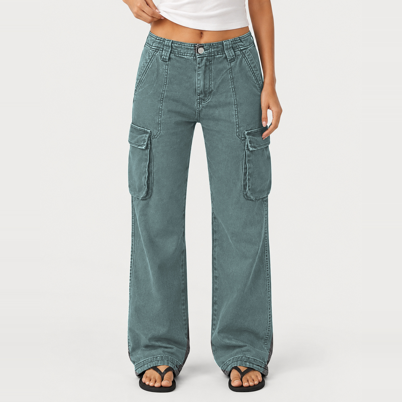 Women's Wide-Leg Straight-Cut Cargo Pants – Mid-Rise, High-Stretch, Multi-Pocket – Full-Length Cargo Pants