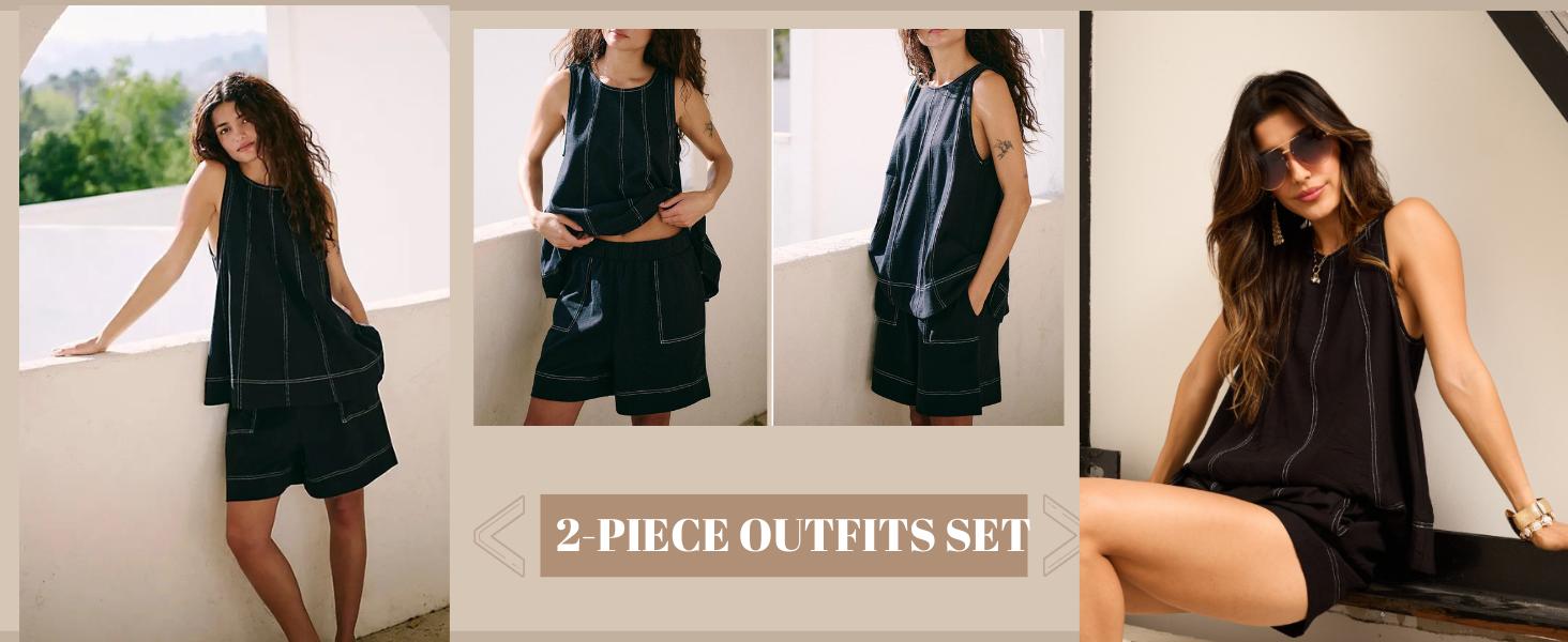 SCUSTY Women's Two Piece Outfit Cotton Matching Set A-Line Sleeveless Tank Tops and High-Waist Shorts with Pockets SCUSTY Women's Two Piece Outfit Cotton Matching Set A-Line Sleeveless Tank Tops and High-Waist Shorts with Pockets