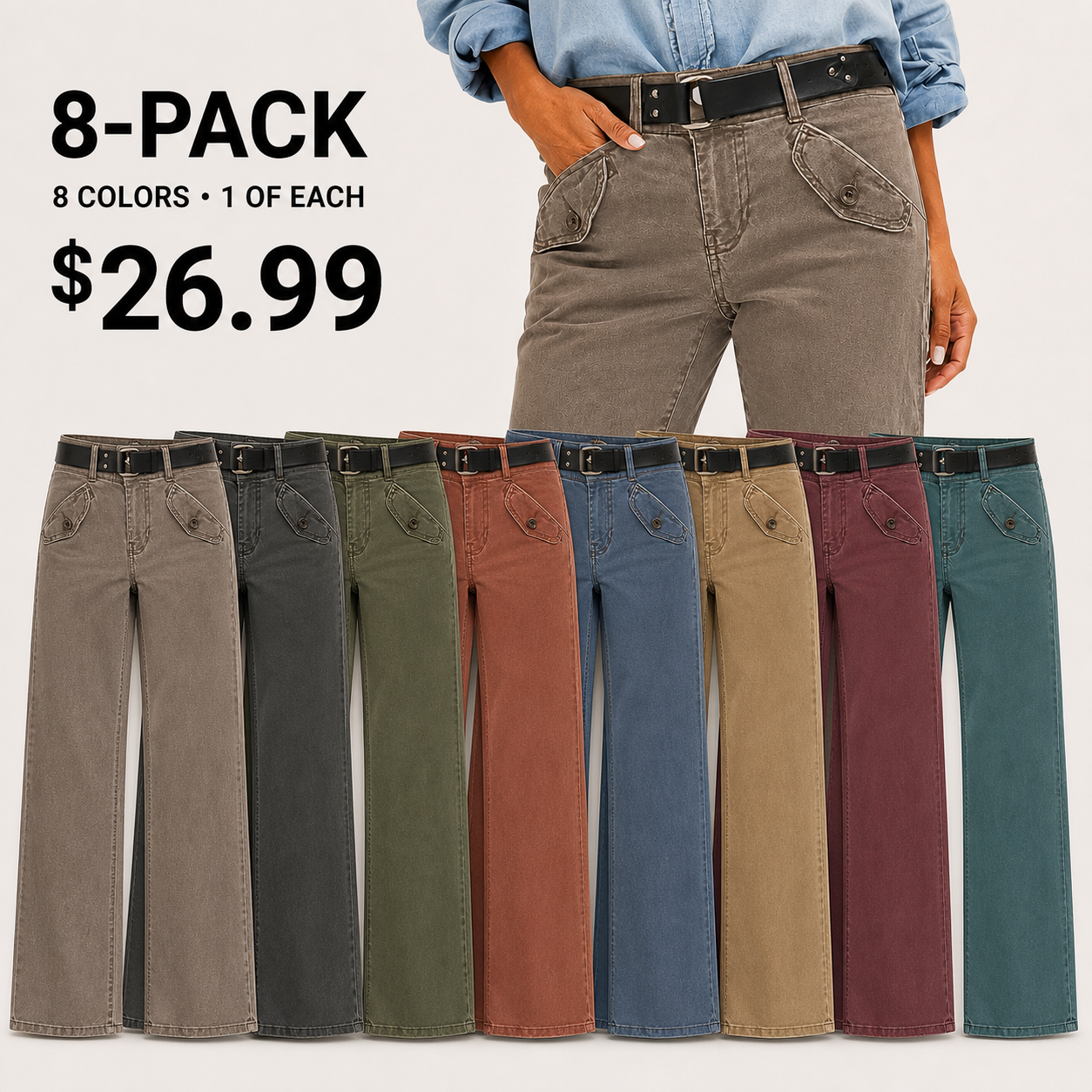 Women's Solid-Color Mid-Rise Straight-Leg Casual Trousers (Belt Not Included)