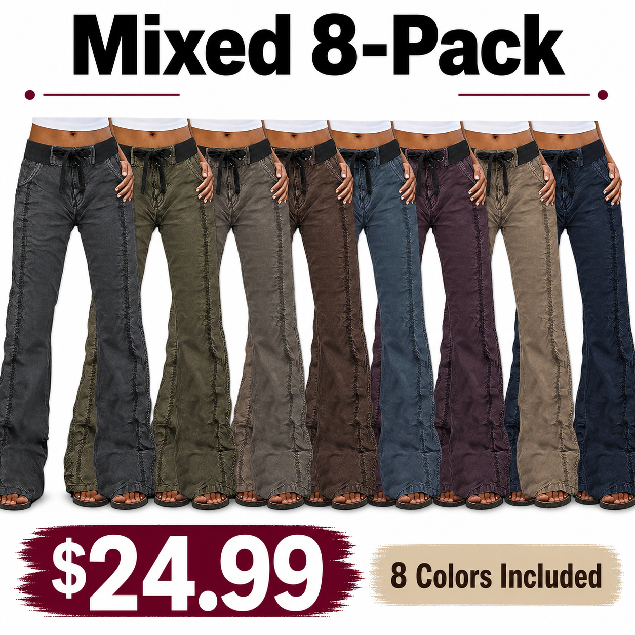 ⚡FINAL SALE⚡- 8 PACK  Women's straight-leg trousers, mid-rise, casual utility style, solid color, stitched detailing