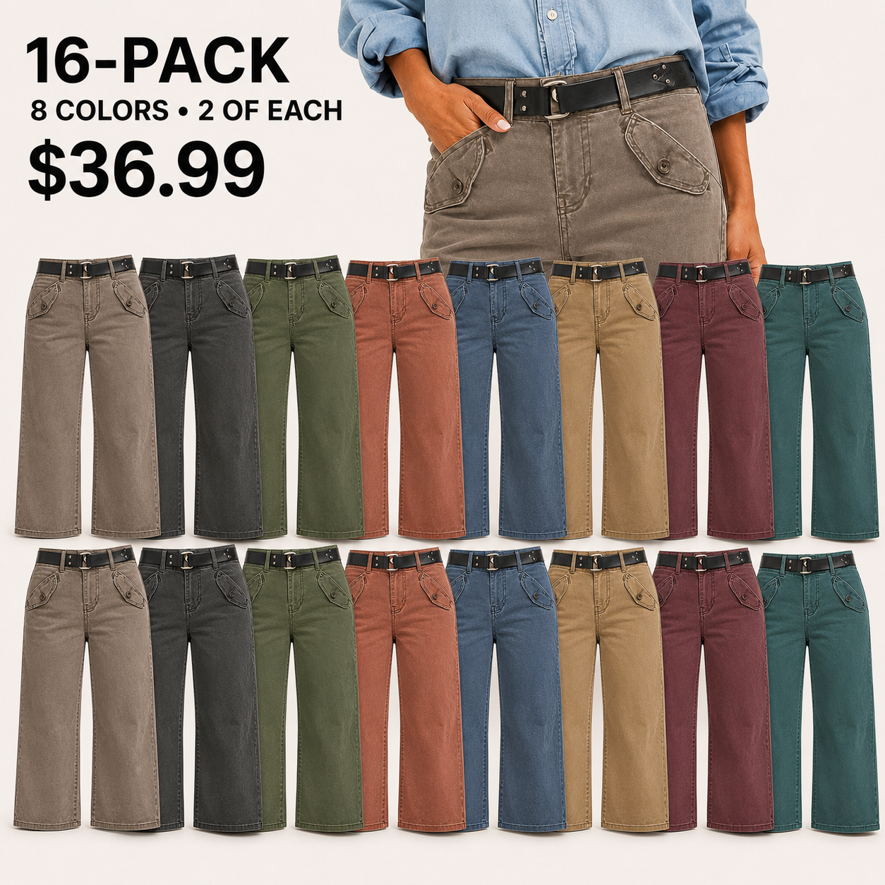 Women's Solid-Color Mid-Rise Straight-Leg Casual Trousers (Belt Not Included)