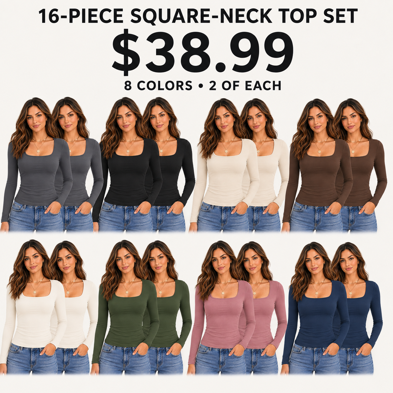 Women's Long-Sleeve Square-Neck Slim-Fit Work Top/Base Layer