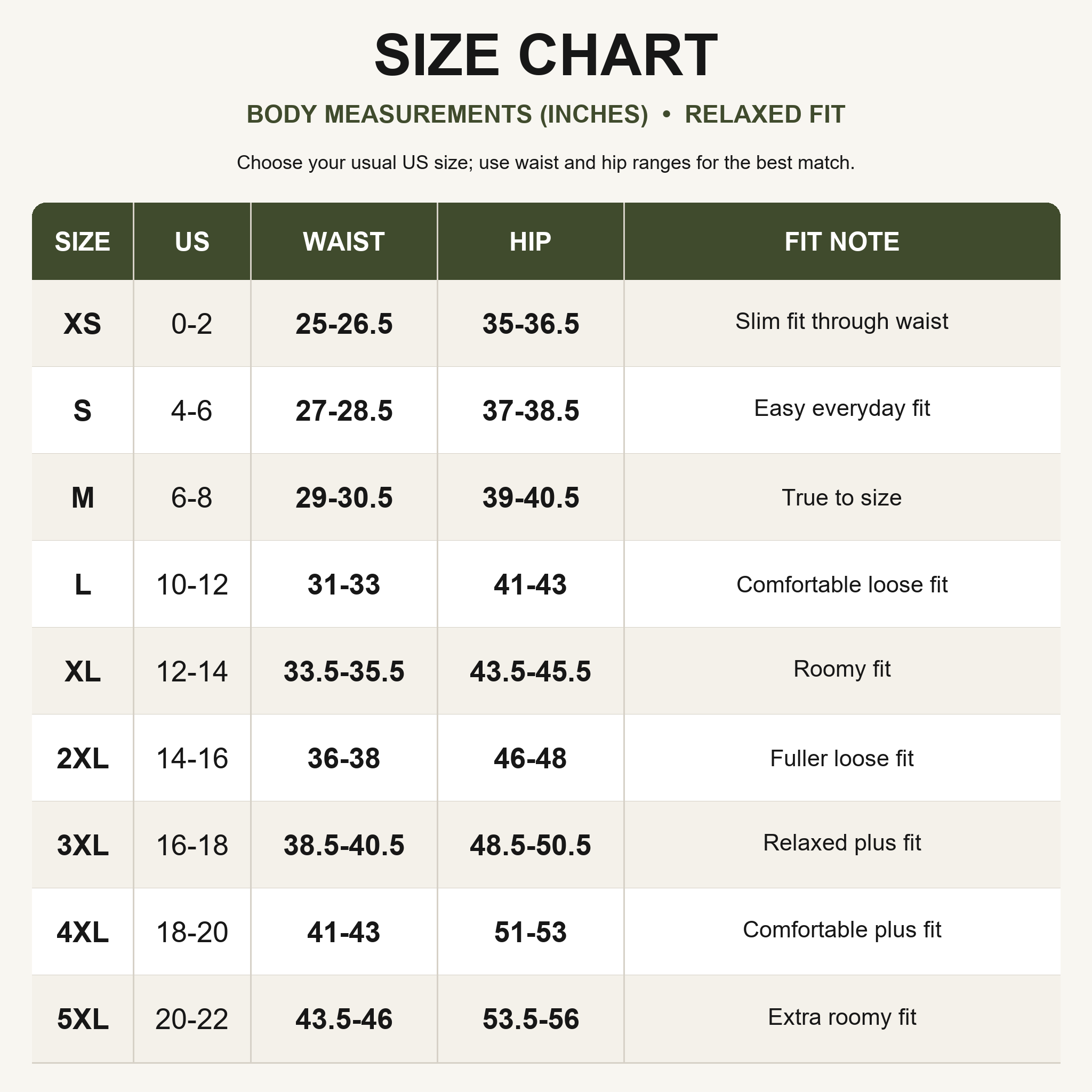 US women pants size chart XS to 5XL