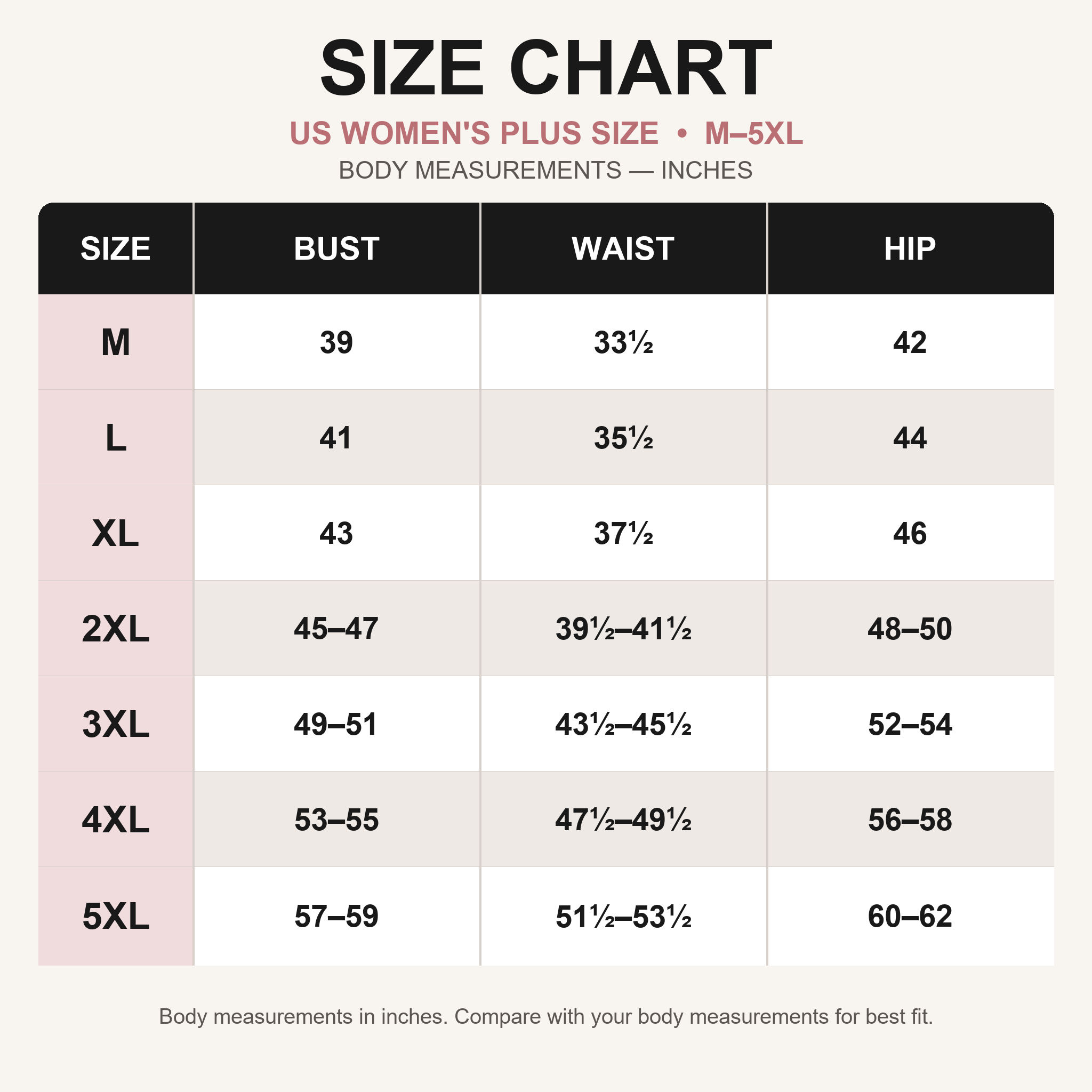Women's plus size full-zip fleece hoodie US size chart M to 5XL