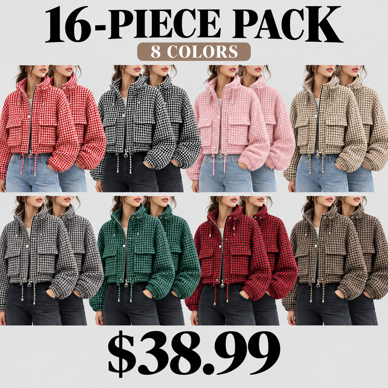 Women's vintage plaid cropped jacket with a stand collar, drawstring detail, and front zip closure