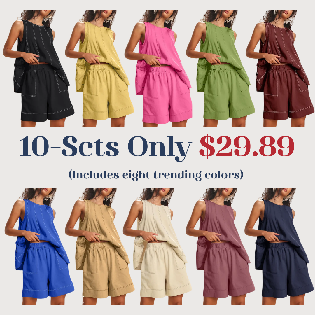 Women's Two Piece Outfit Cotton Matching Set A-Line Sleeveless Tank Tops and High-Waist Shorts with Pockets