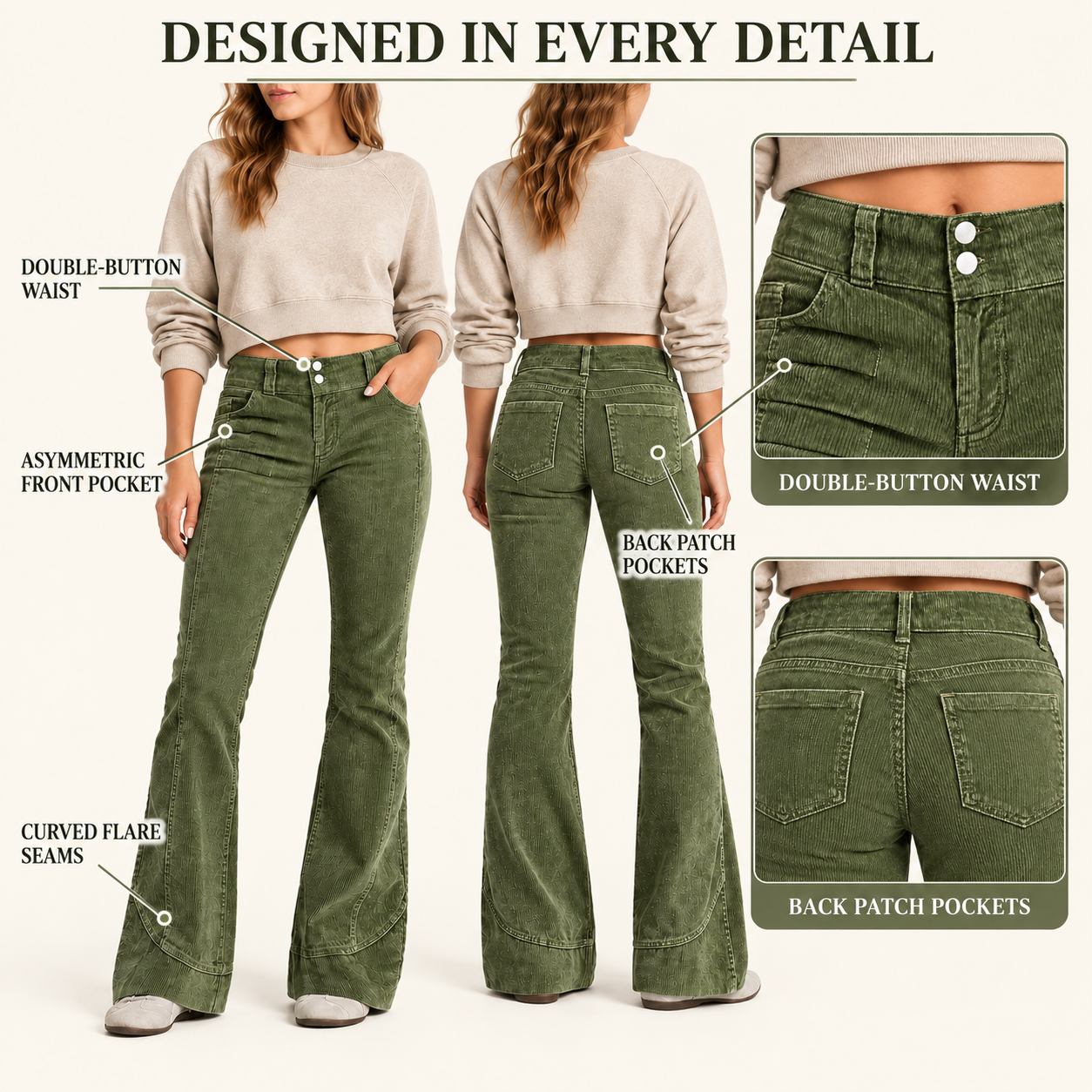 High-rise corduroy flare pants construction details