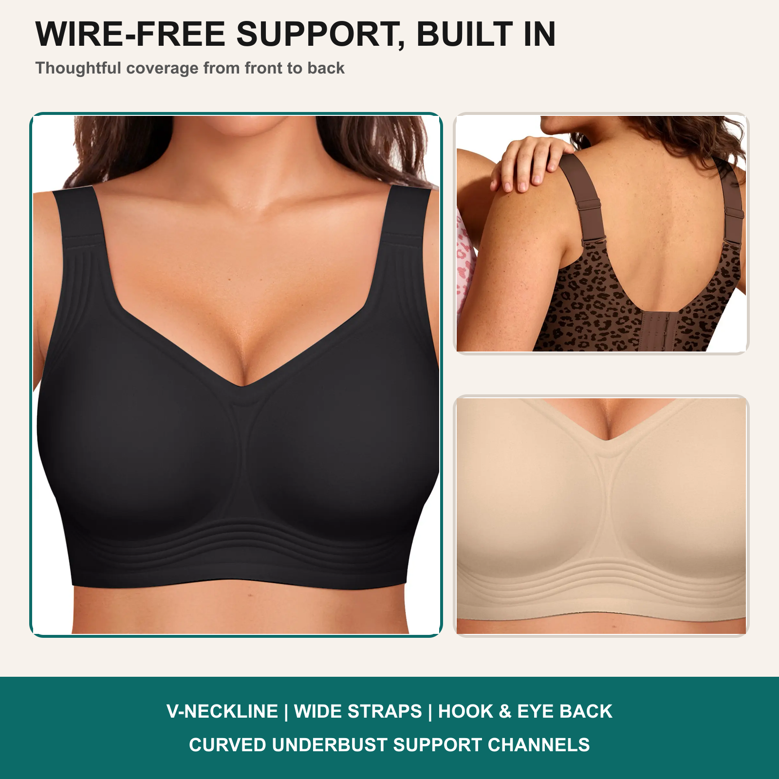 Wireless longline bra structure and support details