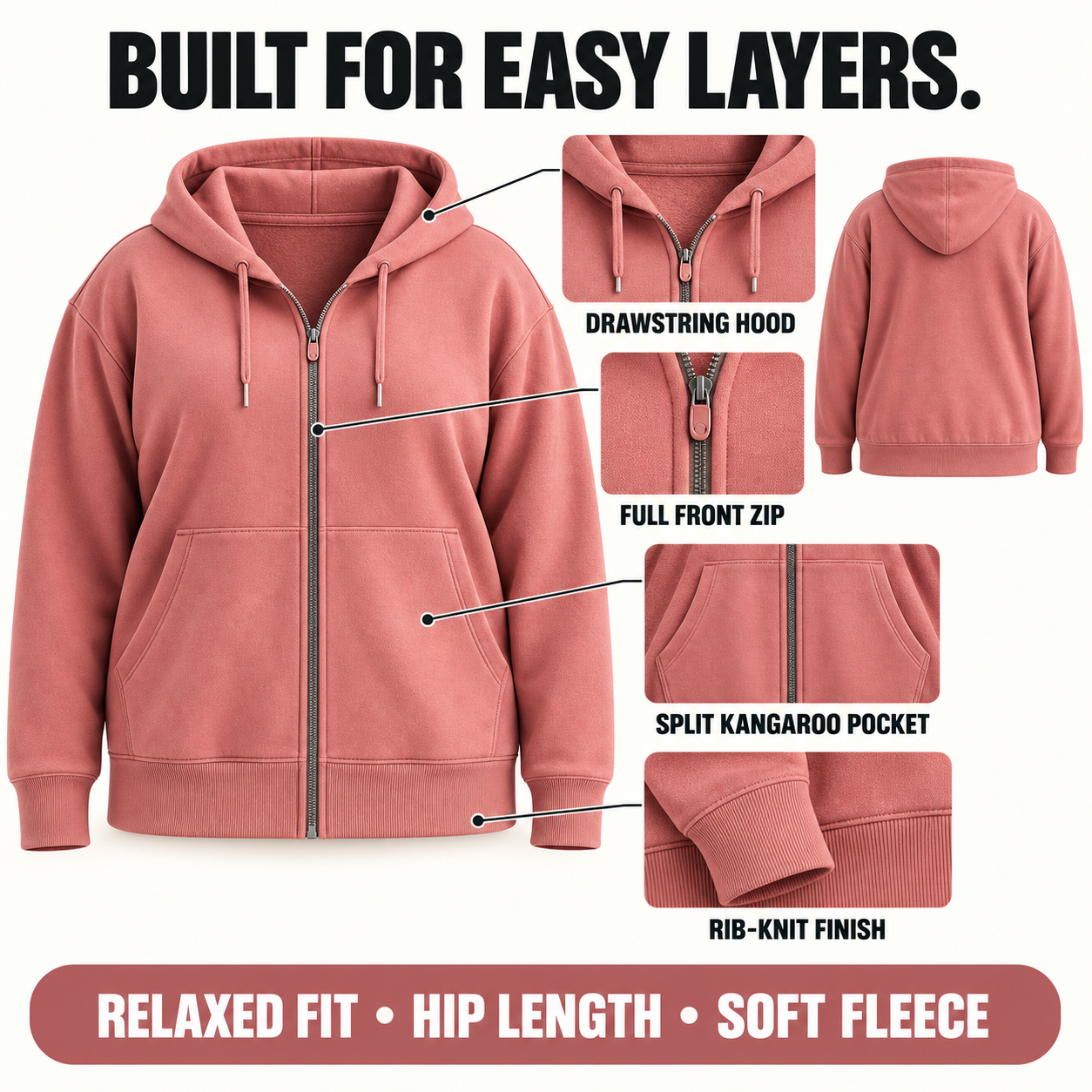 Women's plus size full-zip fleece hoodie structure and key details