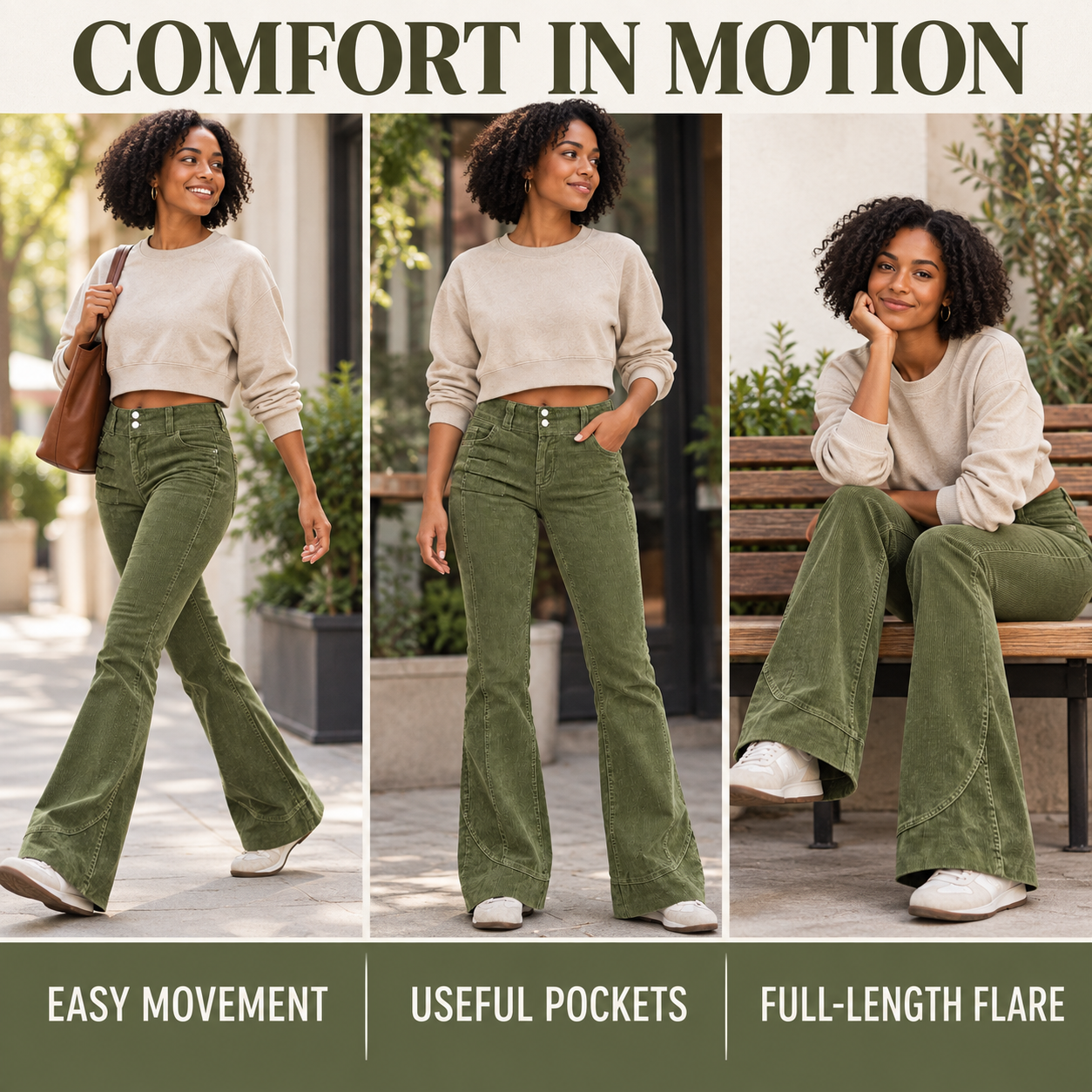 Corduroy flare pants shown in everyday movement
