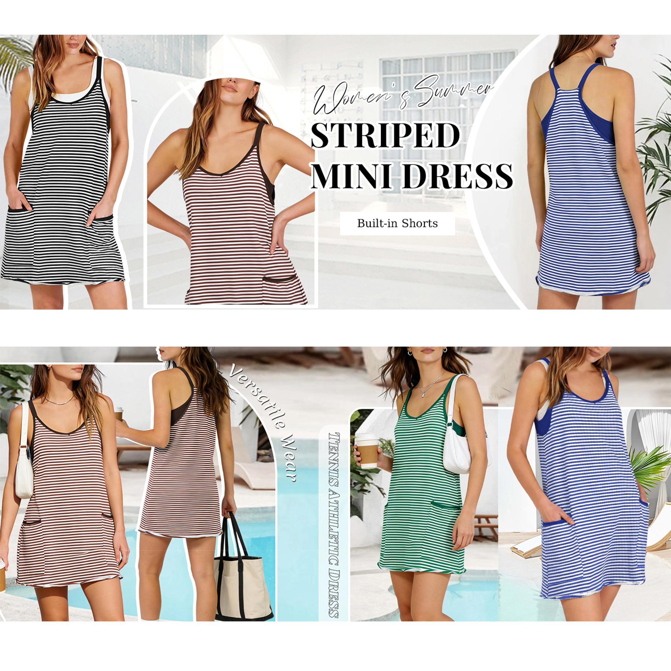 Buenoble Women&rsquo;s Athletic Dress with Built-in Shorts Striped Tennis Dress Workout Mini Dress Casual Summer Activewear
