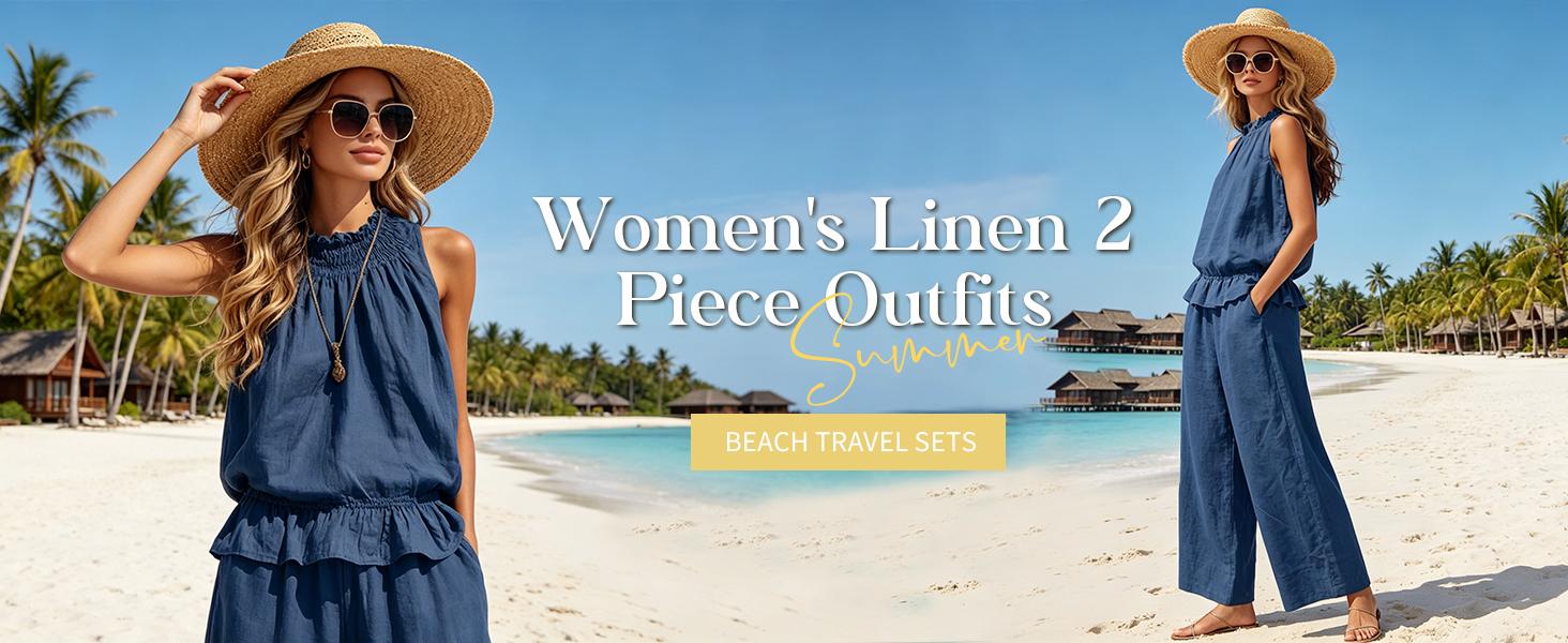 Molitree Women's Linen 2 Piece Outfits Sleeveless Ruffle Top Wide Leg Pants Summer Loungewear Beach Travel Sets Molitree Women's Linen 2 Piece Outfits Sleeveless Ruffle Top Wide Leg Pants Summer Loungewear Beach Travel Sets
