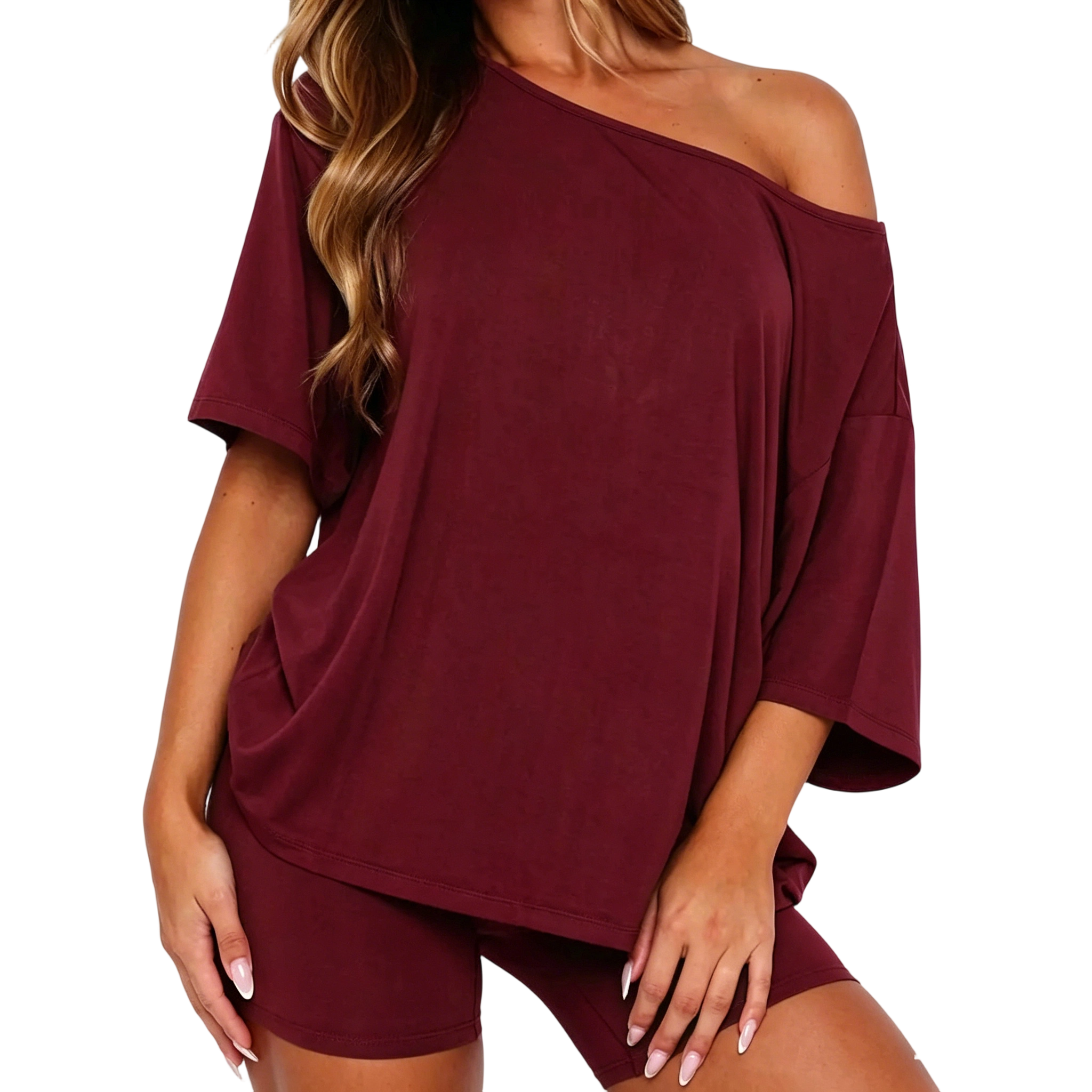 Women’s Casual Two Piece Lounge Set Off Shoulder Top & Fitted Shorts