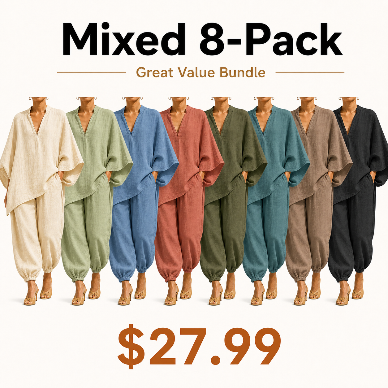 Women's loose, casual summer two-piece set featuring a notched-collar, batwing-sleeve top and trousers; lightweight and comfortable.