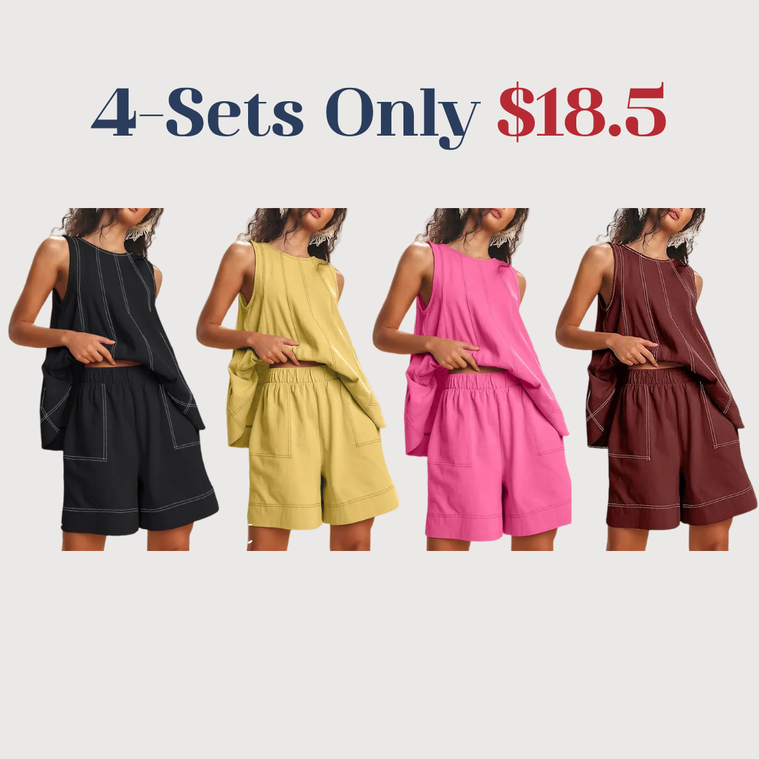 Women's Two Piece Outfit Cotton Matching Set A-Line Sleeveless Tank Tops and High-Waist Shorts with Pockets