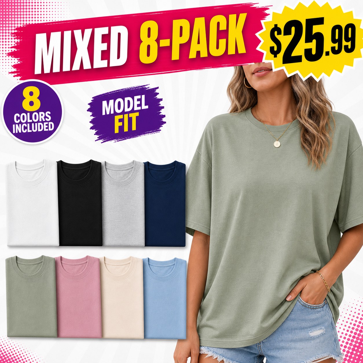 8 pack oversized tee bundle with half-face model