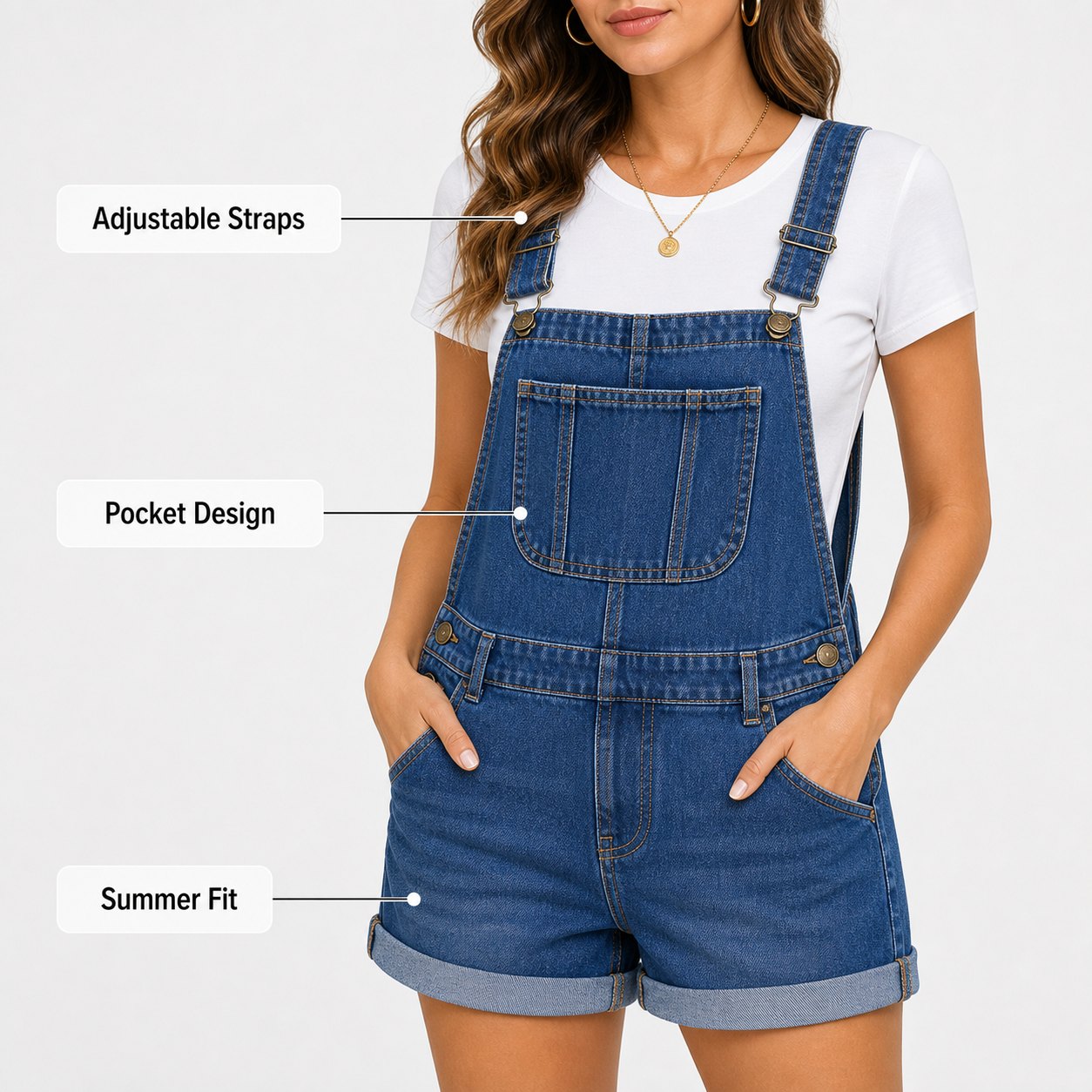 Denim overall shorts adjustable straps pocket design summer fit