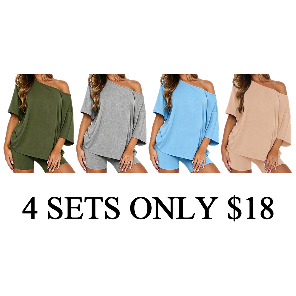 Women’s Casual Two Piece Lounge Set Off Shoulder Top & Fitted Shorts