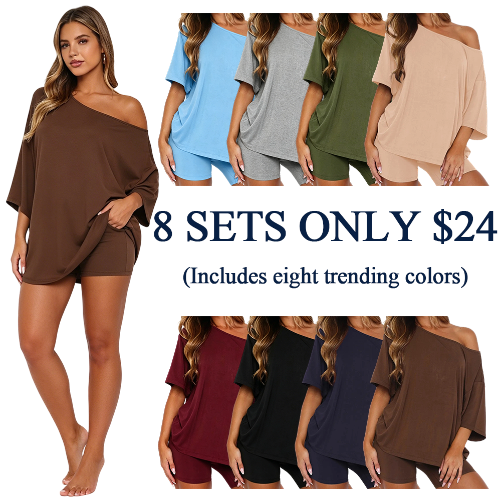 Women’s Casual Two Piece Lounge Set Off Shoulder Top & Fitted Shorts