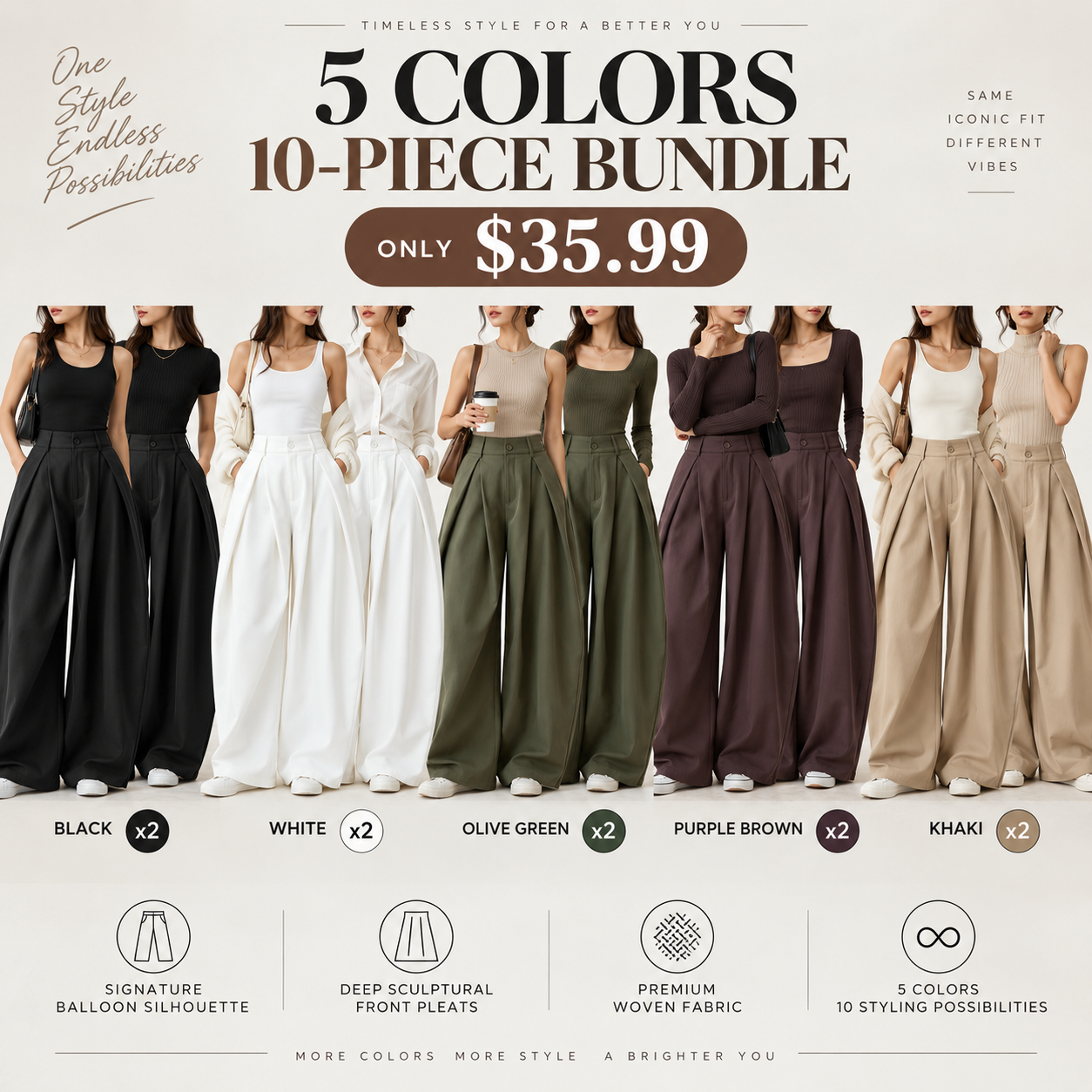 Women's vintage-style, loose-fit, wide-leg street-style trousers with an elastic waistband