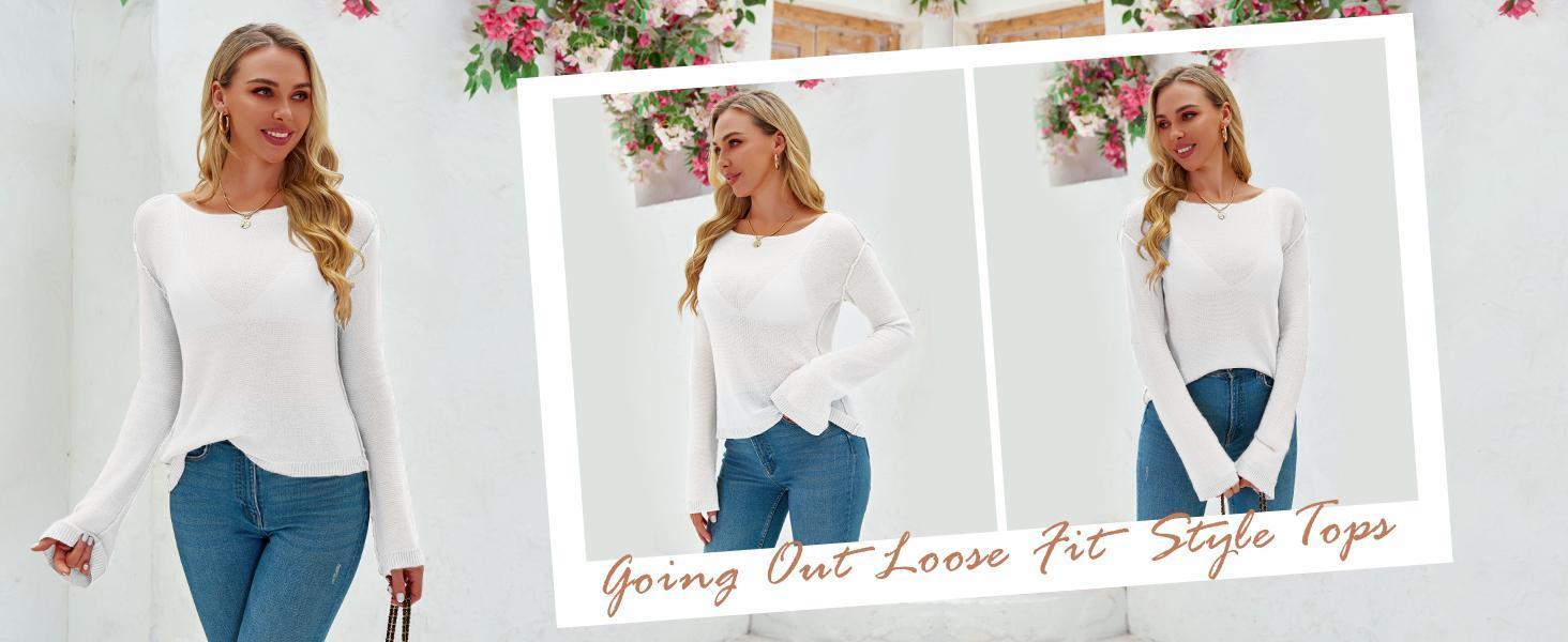 Tankaneo Womens Boat Neck Shirts Long Sleeve Lightweight Knit Pullover Sweaters Casual Sheer Blouse Tops Elegant Womenswear Day Knitwear