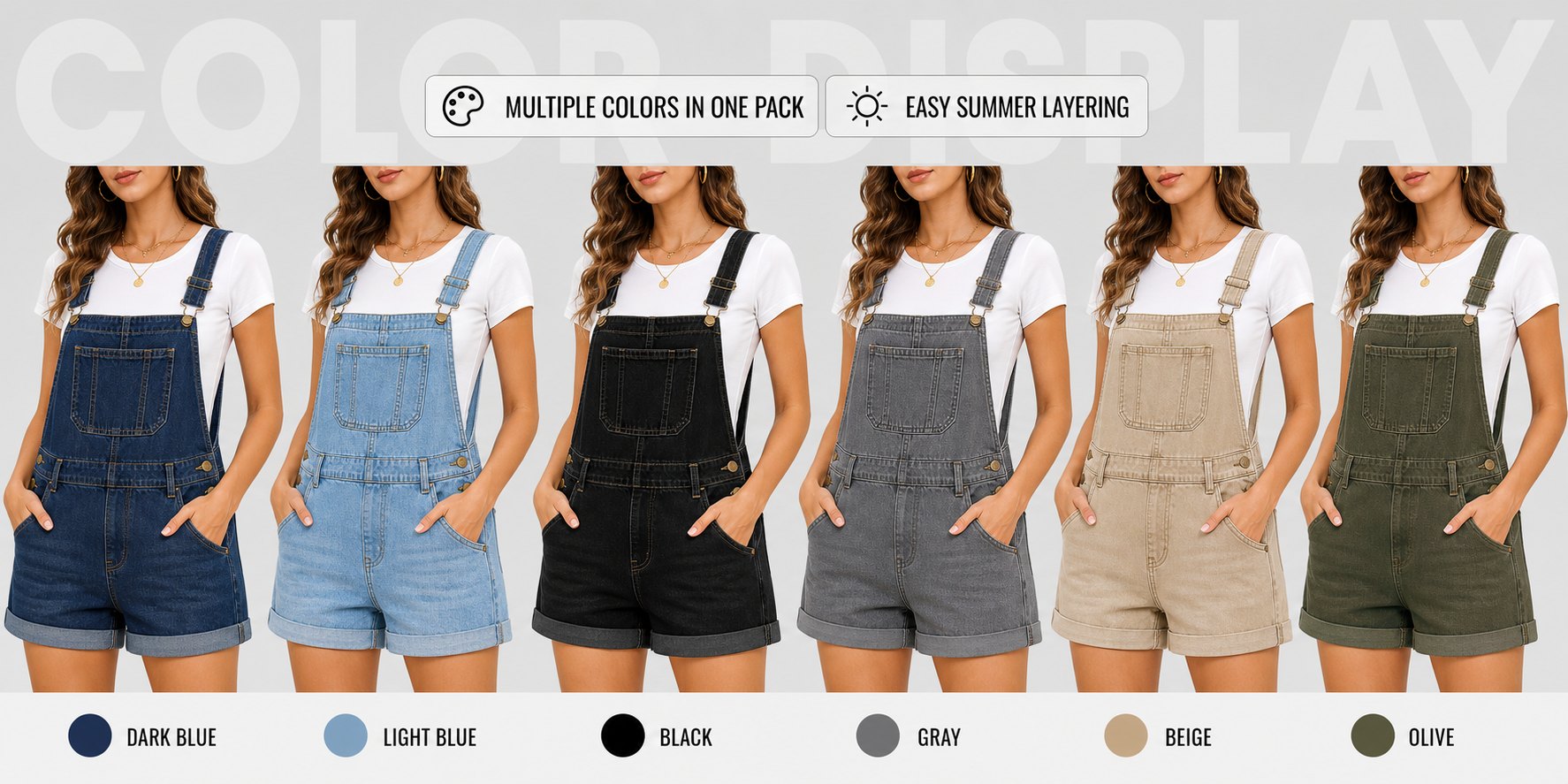Denim overall shorts multiple colors display