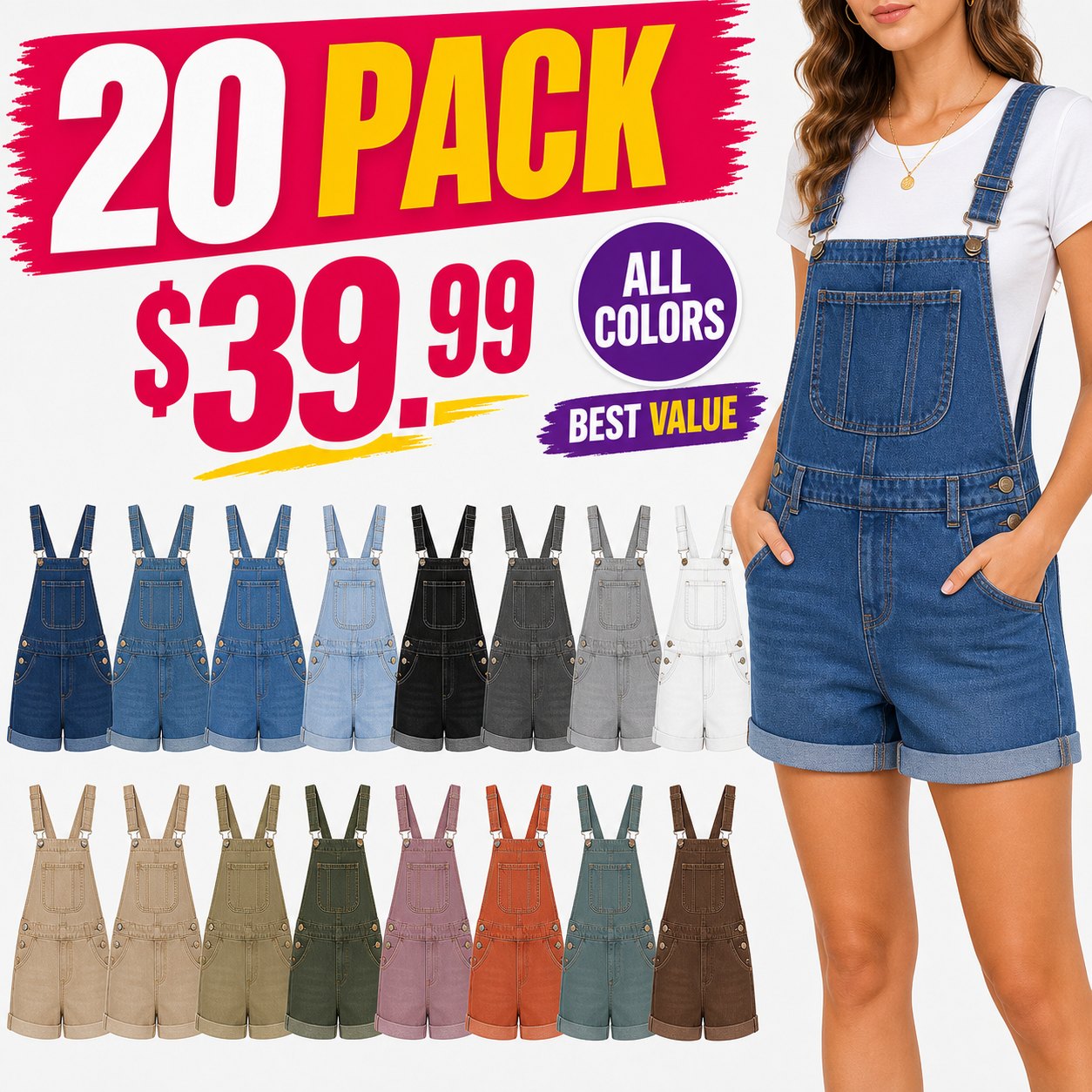 20 pack denim overall shorts best value bundle