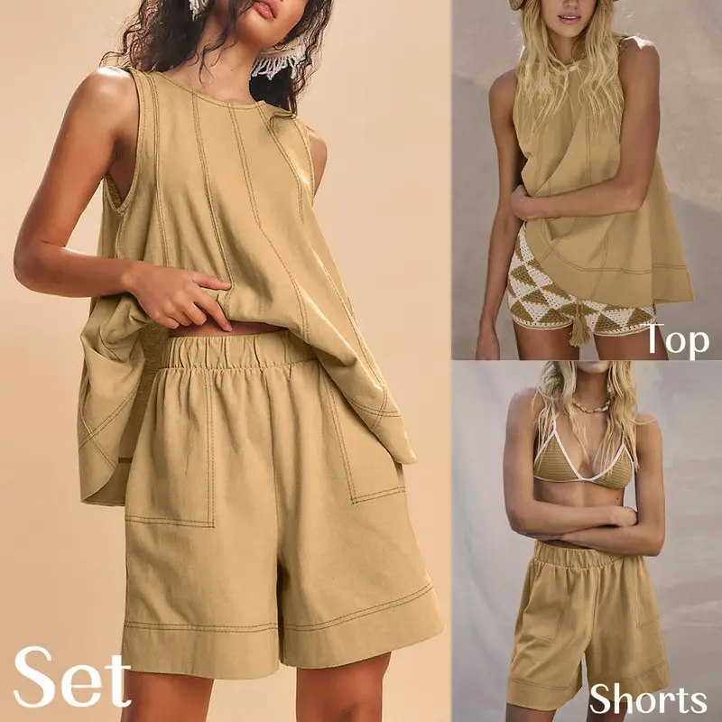 Women's Two Piece Outfit Cotton Matching Set A-Line Sleeveless Tank Tops and High-Waist Shorts with Pockets