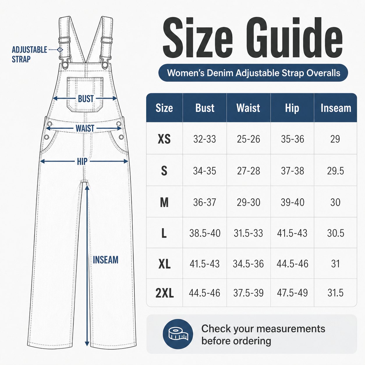 Denim overalls size guide