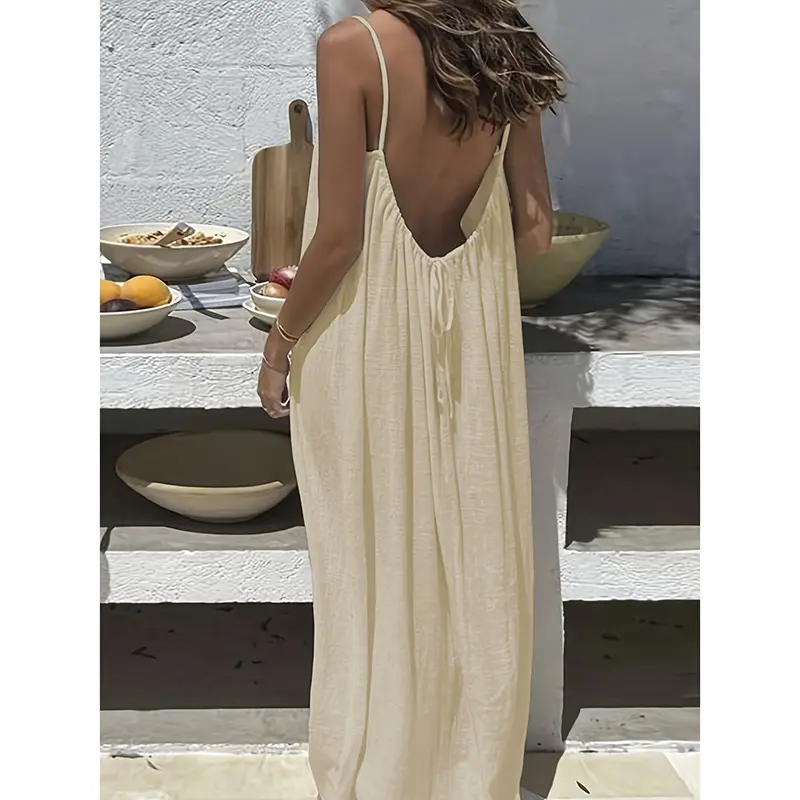Women's Cotton Linen Backless Loose Dress with Pockets
