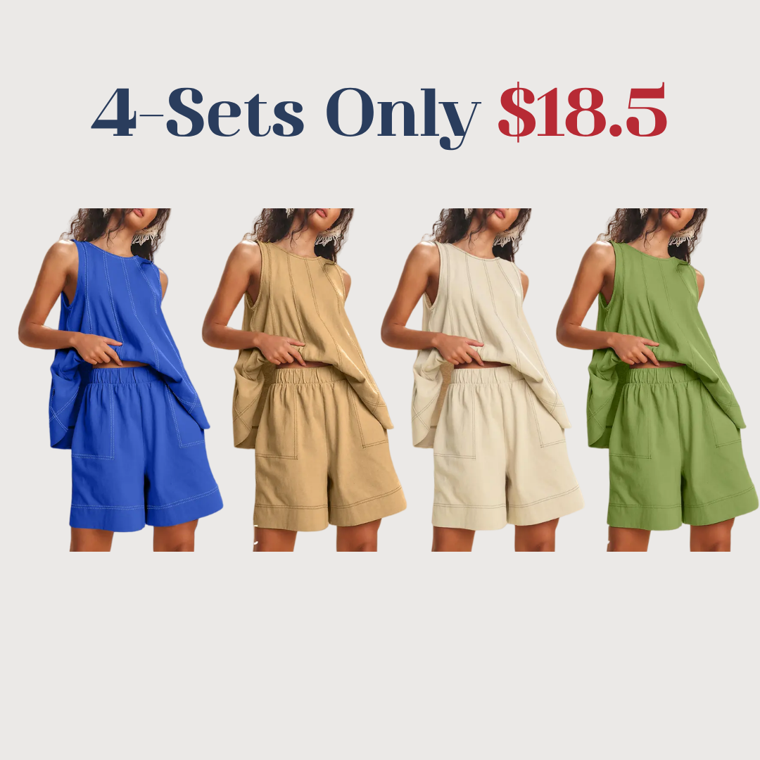 Women's Two Piece Outfit Cotton Matching Set A-Line Sleeveless Tank Tops and High-Waist Shorts with Pockets