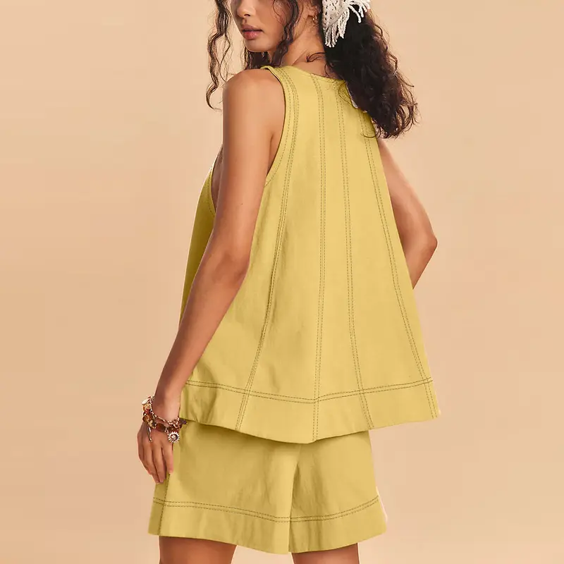 Women's Two Piece Outfit Cotton Matching Set A-Line Sleeveless Tank Tops and High-Waist Shorts with Pockets