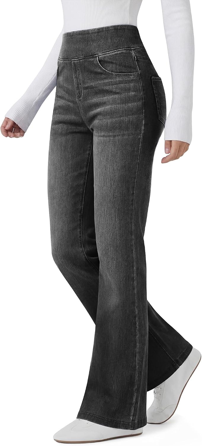 Women’s Trendy Stretchy Flare Jeans High Waisted Wide Leg Bootcut Jeans Pull On Casual Loose Denim Pants