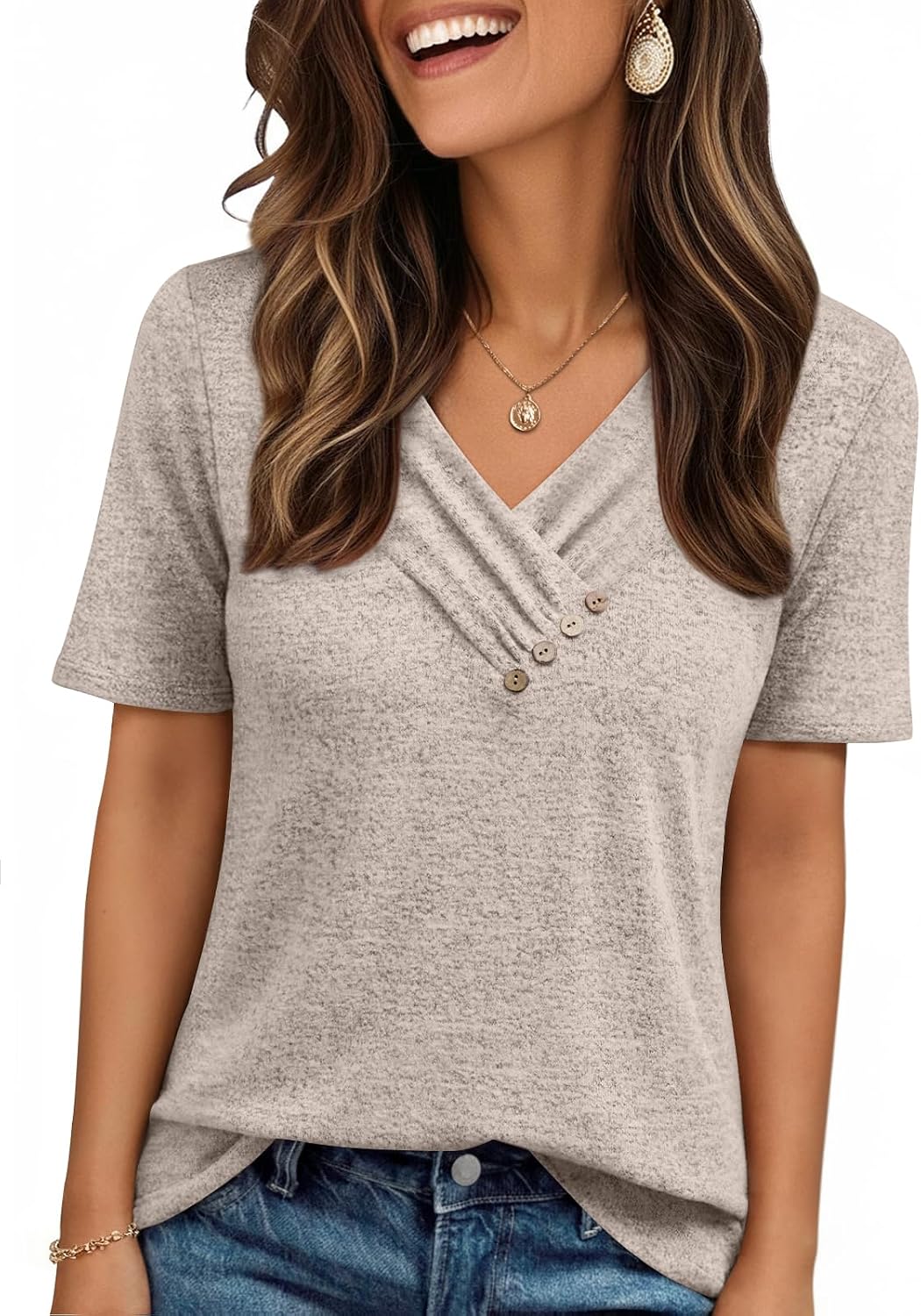 Womens Short Sleeve Tunic Top Spring Summer V Neck Button Shirts 2026 Dressy Casual Business Blouses