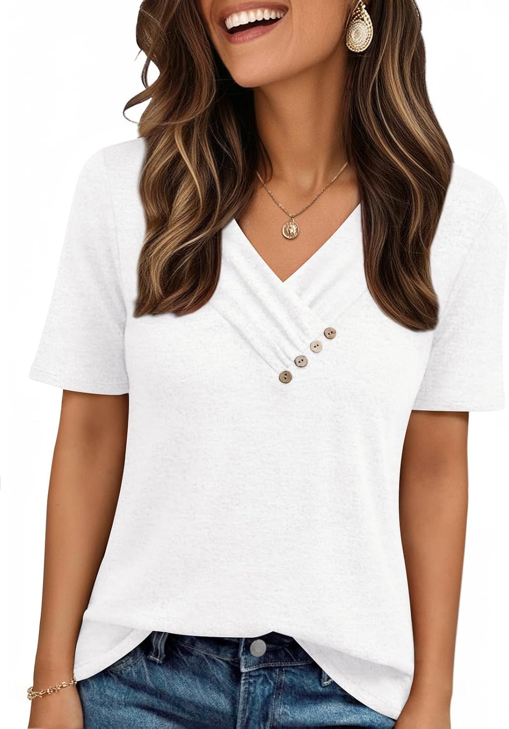 Womens Short Sleeve Tunic Top Spring Summer V Neck Button Shirts 2026 Dressy Casual Business Blouses