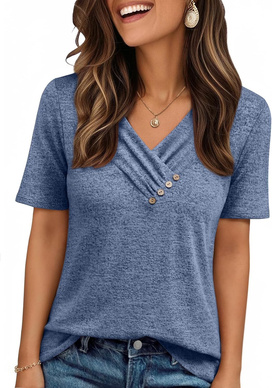 Womens Short Sleeve Tunic Top Spring Summer V Neck Button Shirts 2026 Dressy Casual Business Blouses