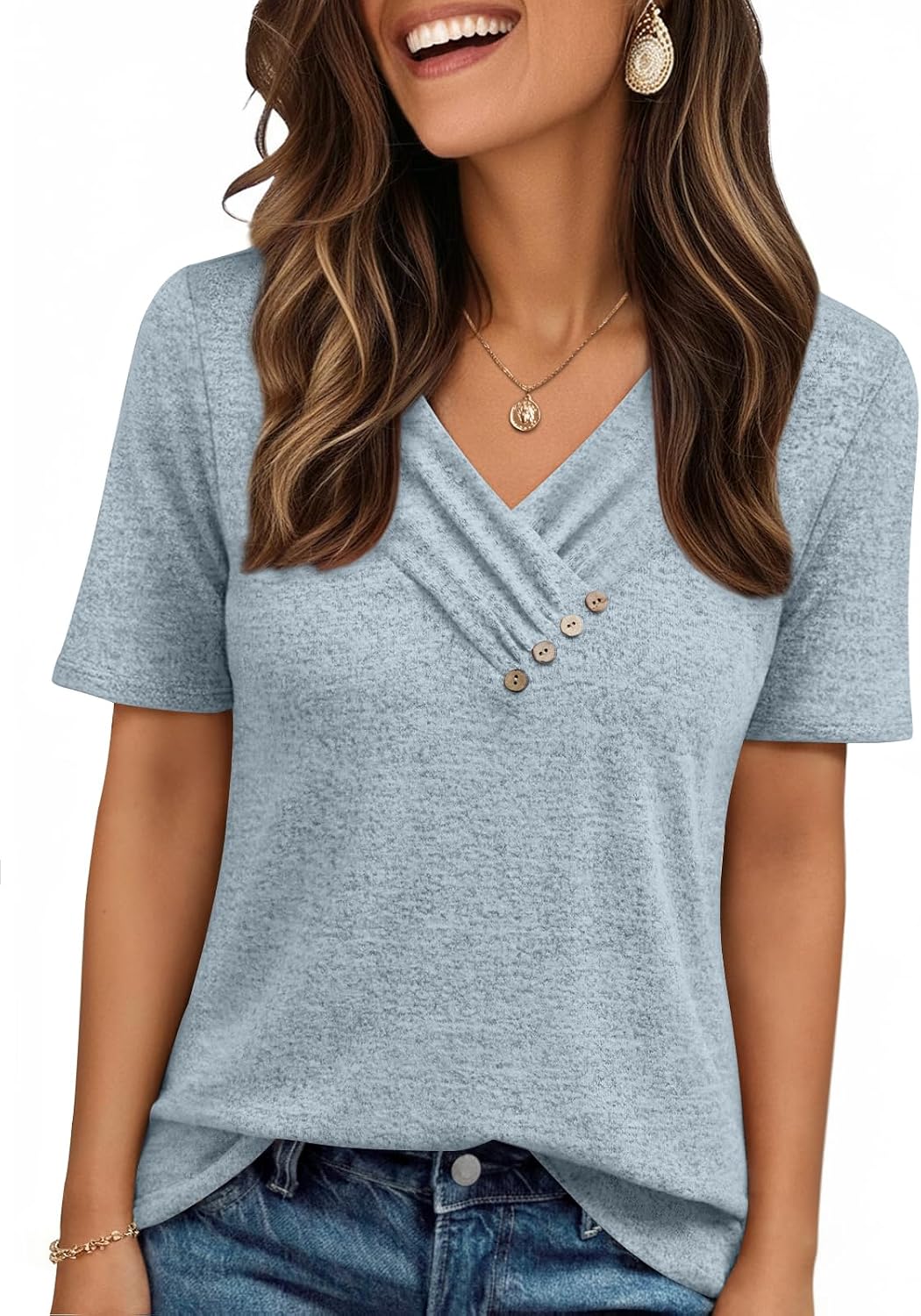 Womens Short Sleeve Tunic Top Spring Summer V Neck Button Shirts 2026 Dressy Casual Business Blouses