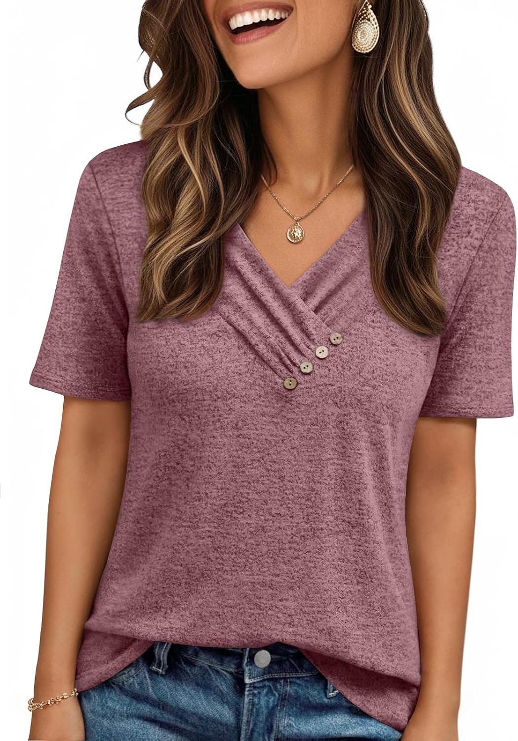 Womens Short Sleeve Tunic Top Spring Summer V Neck Button Shirts 2026 Dressy Casual Business Blouses