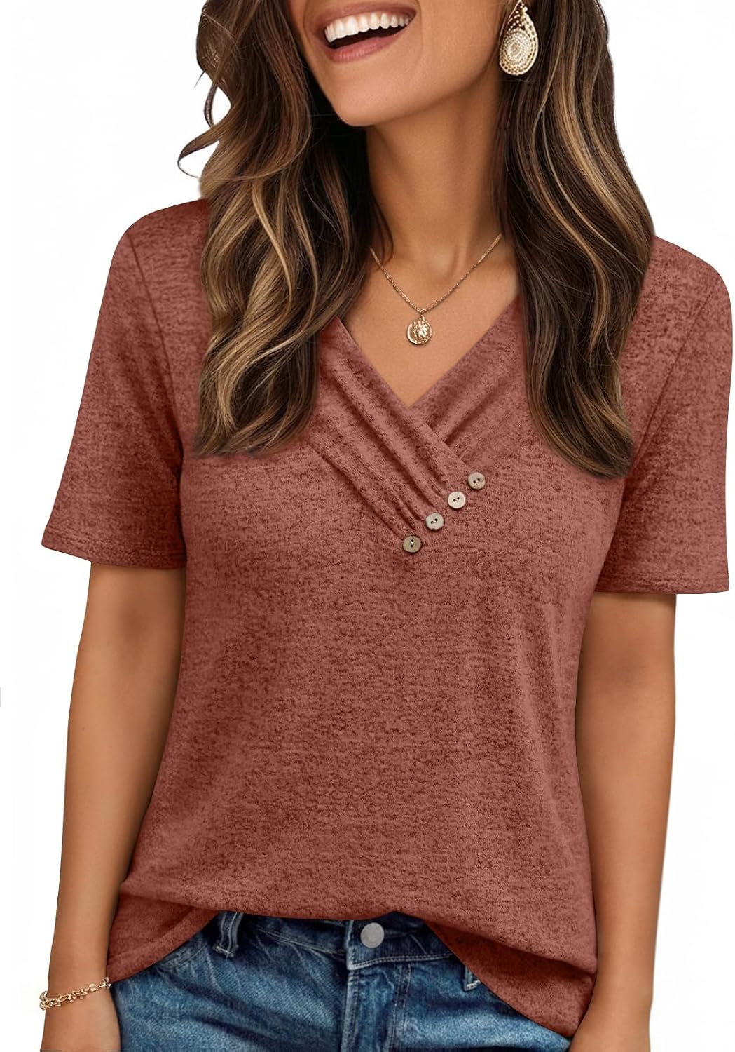 Womens Short Sleeve Tunic Top Spring Summer V Neck Button Shirts 2026 Dressy Casual Business Blouses