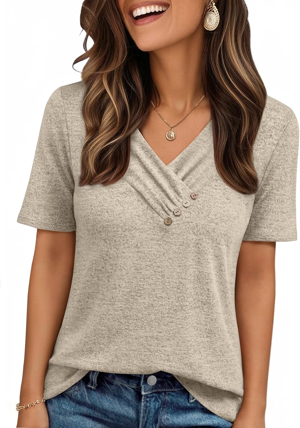 Womens Short Sleeve Tunic Top Spring Summer V Neck Button Shirts 2026 Dressy Casual Business Blouses